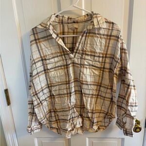 LOFT Cream and Brown Plaid Button-Down Shirt